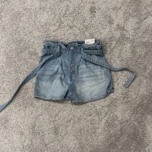 SO Women's Light Blue Paperbag Waist Denim Shorts with Tie Belt